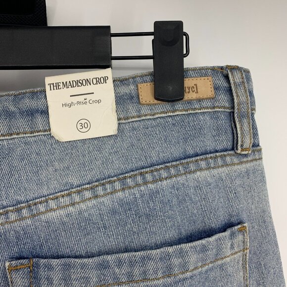 BlankNYC Jeans Madison Crop Blue Distressed Denim Raw Hem - Picture 10 of 12